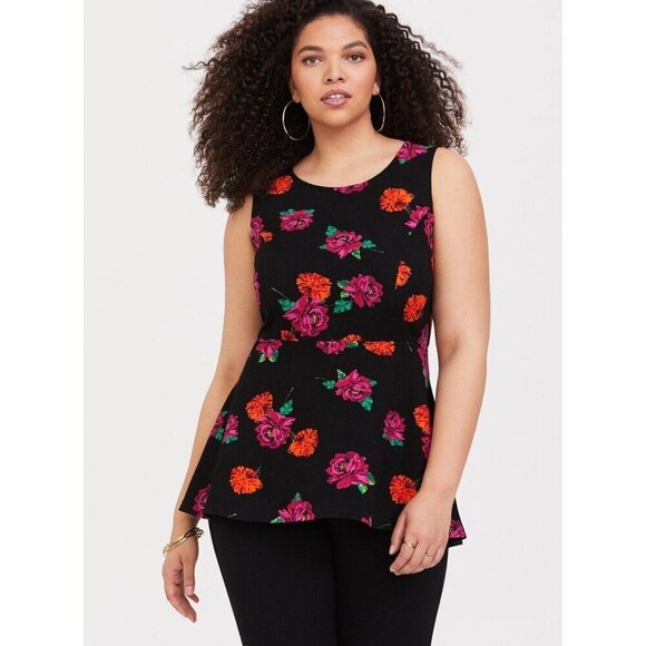 TORRID Women's 2 (2X) Floral Hi-low Ponte Peplum Sleeveless Floral Top Black - Picture 1 of 11